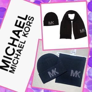 🌻Michael Kors Access Dome Studded Muffler & Beanie Set Scarf and Hat Black